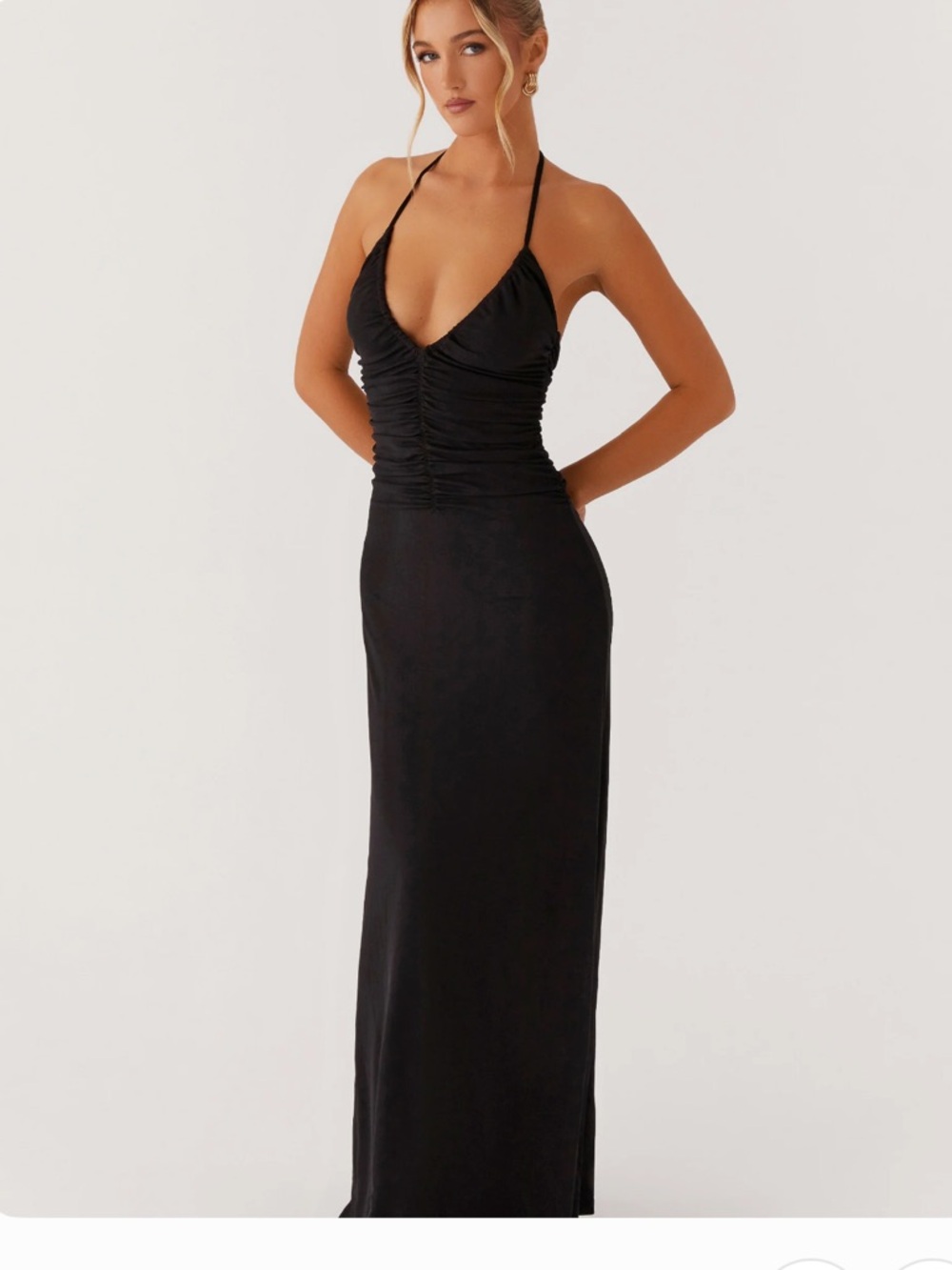 Peppermayo Black Ruched Halter Maxi Dress